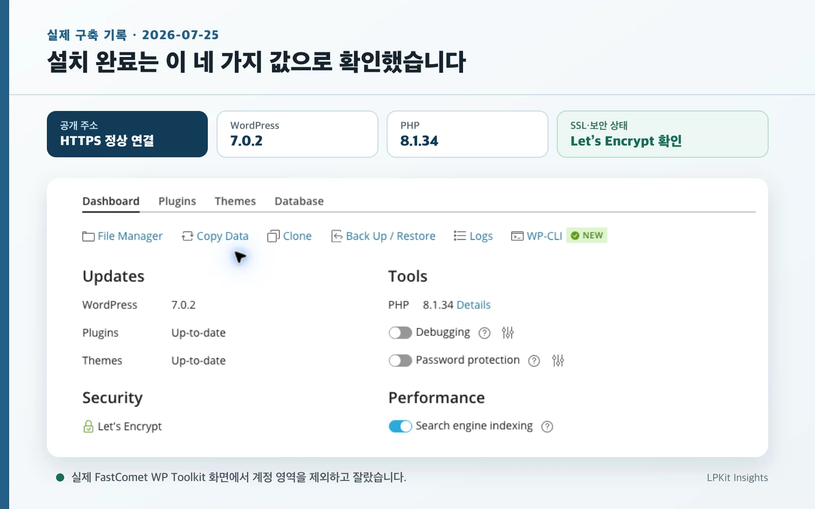 FastComet에서 확인한 HTTPS 연결, WordPress 7.0.2, PHP 8.1.34, Let's Encrypt 상태